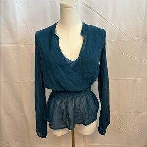 💙 Papaya Teal Sheer Peplum‎ Wrap Blouse Size Small